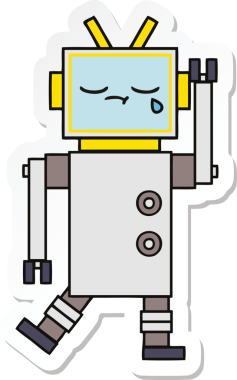 Bir insan tarafından çizilmiş şirin, ağlayan bir robot çıkartması.