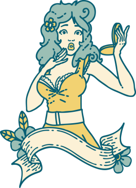 İkonik dövme stili. Bir insan tarafından çizilmiş afişi olan şaşırmış bir kız resmi.