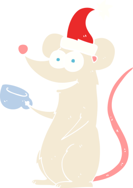 Bir insan tarafından çizilmiş Noel şapkası takan bir farenin düz renk çizimi