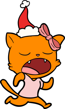 Bir insan tarafından çizilmiş Noel Baba şapkası giyen esneyen bir kedinin el çizimi.