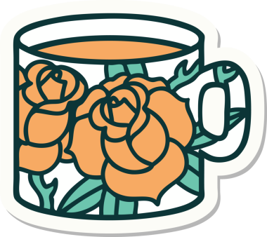 Geleneksel bir kupa stili dövme çıkartması ve bir insan tarafından çizilmiş çiçekler.