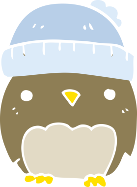 Bir insan tarafından çizilmiş şapkalı şirin düz renkli çizgi film baykuşu.