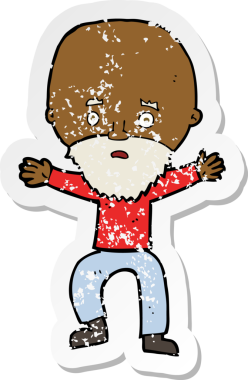 Bir insan tarafından çizilmiş yaşlı bir adamın paniklediği bir çizgi filmin gerilimli retro yapıştırması.