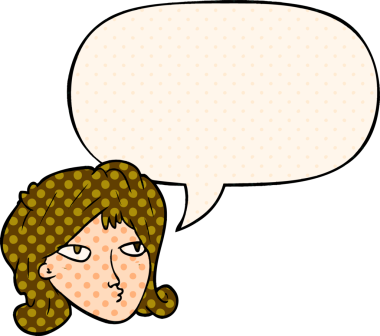 Bir insan tarafından çizilmiş çizgi roman tarzında konuşma balonu olan bir karikatür kadın.