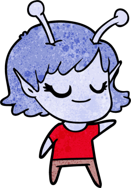 Bir insan tarafından çizilmiş gülümseyen uzaylı kız çizgi filmi.