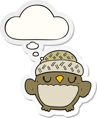 Düşünce baloncuklu şapkalı şirin baykuş bir insan tarafından çizilmiş bir çıkartma.