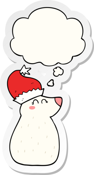 Bir insan tarafından çizilmiş bir çıkartma olarak düşünce baloncuklu Noel şapkası takan çizgi film ayısı.