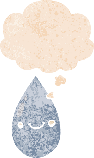 Düşünce baloncuğu ve grunge ile tatlı yağmur damlası bir insan tarafından çizilmiş sıkıntılı retro dokuma tarzı