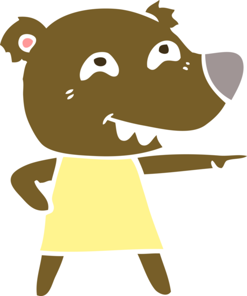 flat color style cartoon pointing bear girl showing teeth drawn by a human