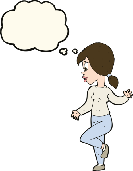 Bir insan tarafından çizilmiş düşünce baloncuğuyla el sallayan çizgi film kadını.