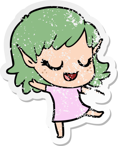 Bir insan tarafından çizilmiş mutlu bir elf kızının sıkıntılı çıkartması.