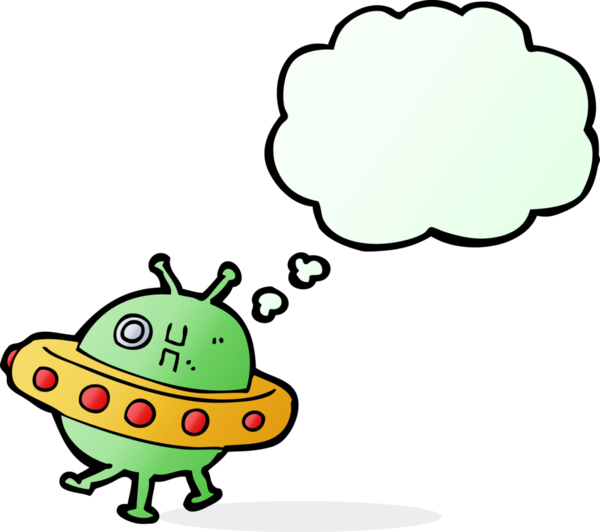 Bir insan tarafından çizilmiş düşünce baloncuklu UFO çizgi filmi.