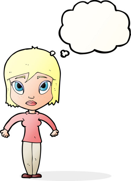 Bir insan tarafından çizilmiş düşünce baloncuğuyla omuz silken çizgi film kadını.