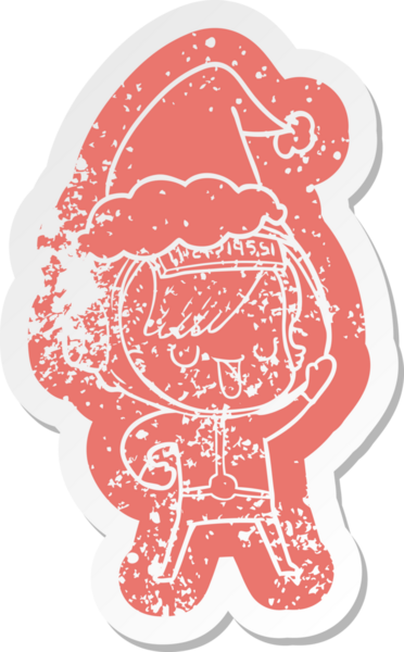 quirky cartoon distressed sticker of a astronaut woman wearing santa hat drawn by a human