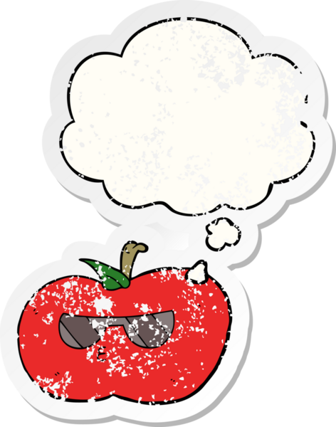 cartoon cool apple with thought bubble as a distressed worn sticker drawn by a human