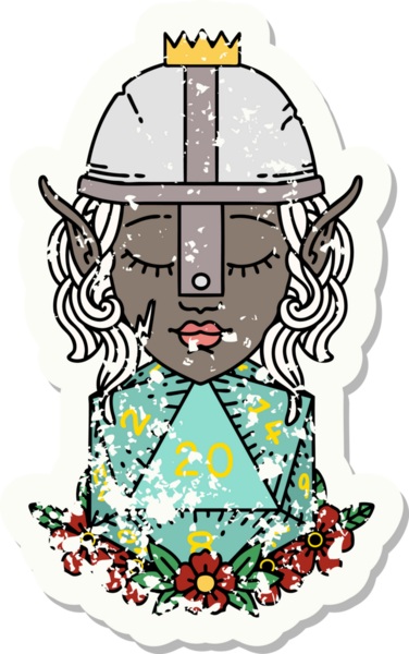 Retro Tattoo stili elf dövüşçüsü. Bir insan tarafından çizilmiş 20 zar ile.