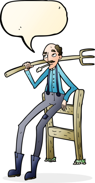 Bir insan tarafından çizilmiş konuşma balonuyla çitlere yaslanan yaşlı çiftçi çizgi filmi.