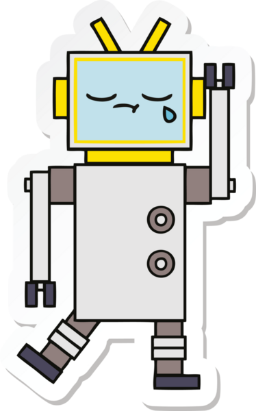 Bir insan tarafından çizilmiş şirin, ağlayan bir robot çıkartması.