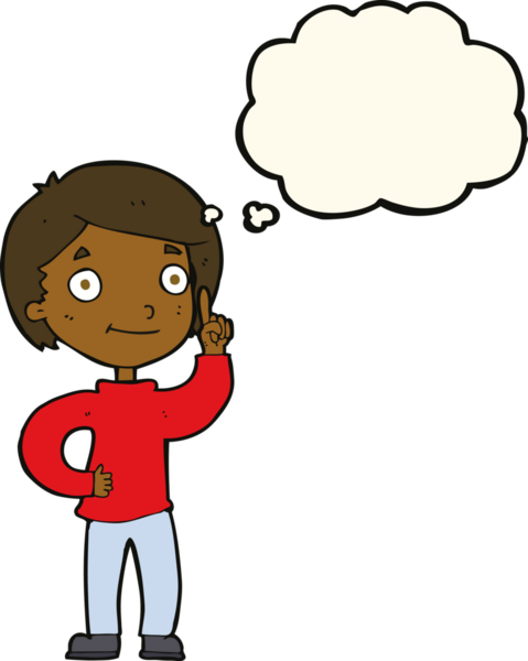 Bir insan tarafından çizilmiş düşünce baloncuğu fikri olan çizgi film çocuğu.