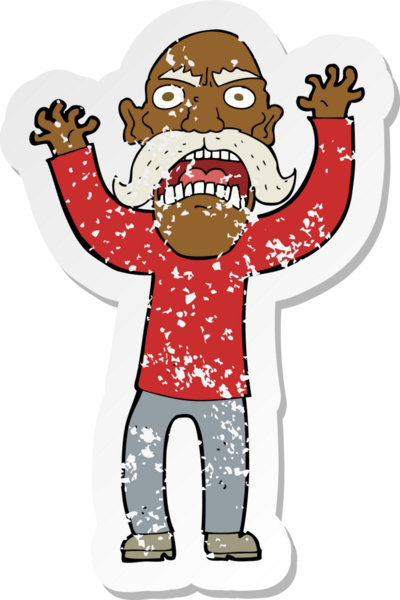 Bir insan tarafından çizilmiş kızgın yaşlı bir adamın gerilmiş çıkartması.