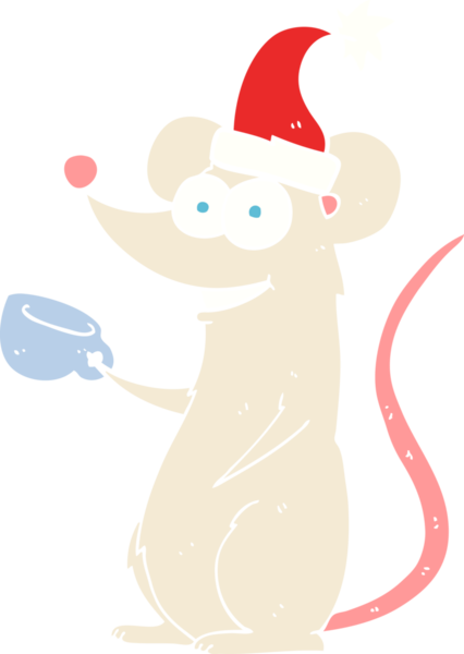Bir insan tarafından çizilmiş Noel şapkası takan bir farenin düz renk çizimi