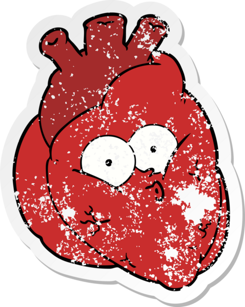 distressed sticker of a cartoon curious heart drawn by a human