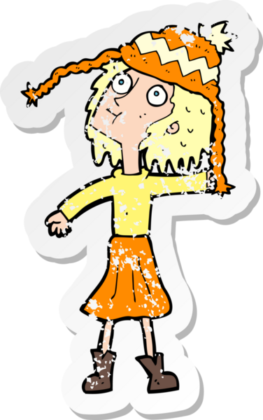 Bir insan tarafından çizilmiş kış şapkası giyen bir karikatür kadının gerilimli çıkartması.