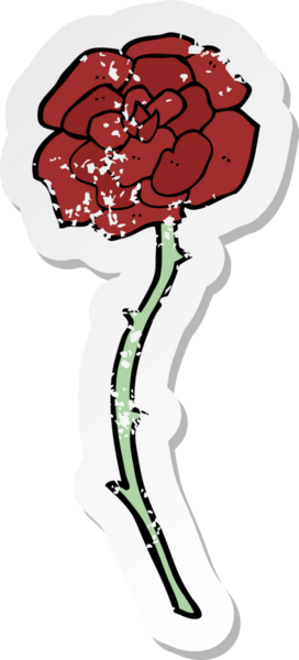 retro distressed sticker of a rose tattoo cartoon drawn by a human