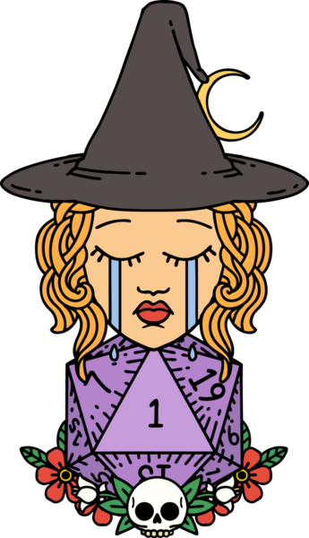 Retro Dövme Tarzı Ağlayan İnsan Cadı Doğal bir D20 zar atışıyla Bir insan tarafından çizilmiş