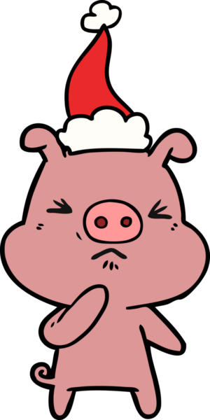 Bir insan tarafından çizilmiş Noel Baba şapkası giymiş kızgın bir domuzun el çizimi.