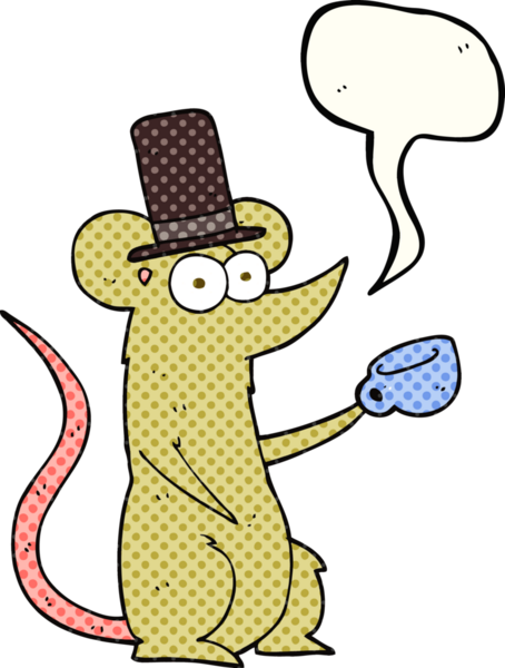 Bir insan tarafından çizilmiş fincanlı ve silindir şapkalı çizgi roman konuşma balonu faresi.