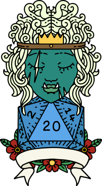 Retro Dövme Biçimi Yarı Ork Barbar Karakteri Bir insan tarafından çizilmiş doğal 20 zar