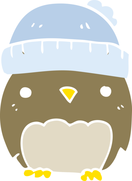 Bir insan tarafından çizilmiş şapkalı şirin düz renkli çizgi film baykuşu.