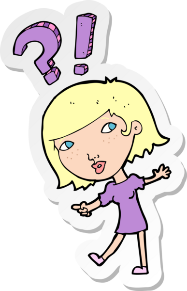 Bir insan tarafından çizilmiş sorular soran bir karikatür kadının çıkartması.