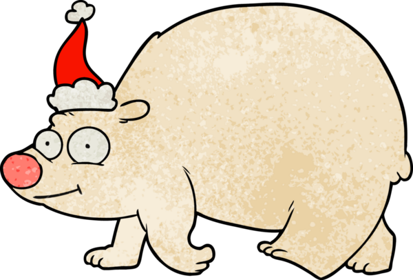 Bir insan tarafından çizilmiş Noel Baba şapkası giyen yürüyen bir kutup ayısının el çizimi karikatürü.