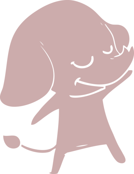 Bir insan tarafından çizilmiş düz renk çizgi film gülümseyen fil.