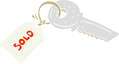 Bir insan tarafından çizilmiş satılmış etiketli anahtarın düz renk çizimi