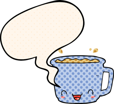 Bir insan tarafından çizilmiş çizgi roman tarzında konuşma baloncuklu bir kahve.