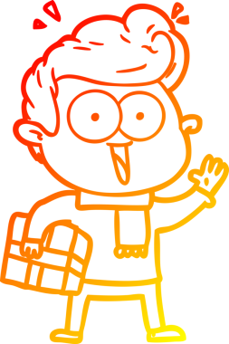 Sıcak bir çizgi film çizimi. Heyecanlı bir adam. Bir insan tarafından çizilmiş bir hediye.