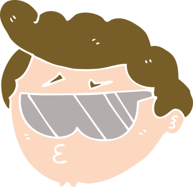 Düz renkli çizgi film karakteri bir insan tarafından çizilmiş güneş gözlüğü takıyor.