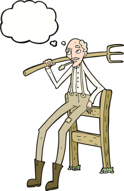 Çizgi film yaşlı çiftçi bir insan tarafından çizilmiş düşünce balonuyla çitlere yaslanıyor.