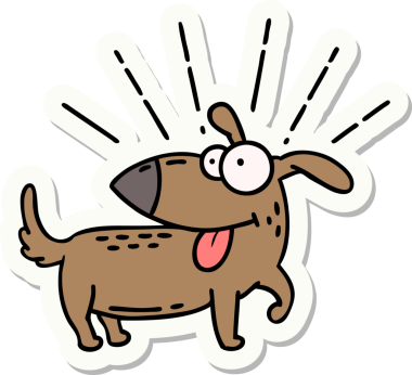 Bir insan tarafından çizilmiş dövme stili mutlu köpek çıkartması.