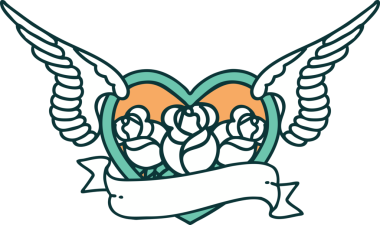 Bir insan tarafından çizilmiş çiçek ve bayrak ile uçan bir kalbin ikonik dövme görüntüsü