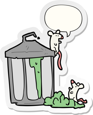 Bir insan tarafından çizilmiş, üzerinde konuşma kabarcığı olan eski bir metal çöp tenekesi.