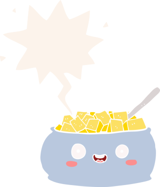 Bir insan tarafından çizilmiş konuşma baloncuklu tatlı bir çizgi film kasesi.