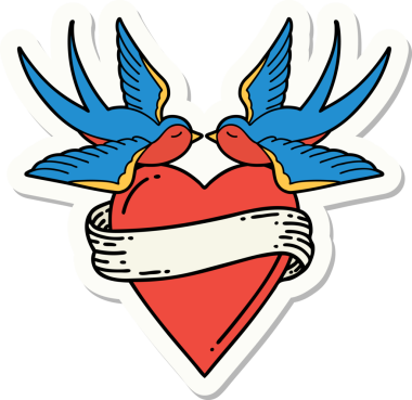 Geleneksel kırlangıç stili dövme çıkartması ve bir insan tarafından çizilmiş sancaklı bir kalp.