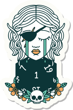 Ağlayan bir elf karakterinin çıkartması. İnsan tarafından çizilmiş doğal bir D20 yuvarlak yüzlü.