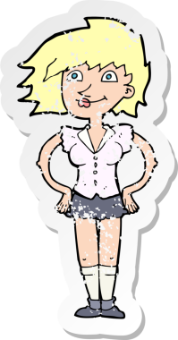 Bir insan tarafından çizilmiş kalçasında elleri olan bir karikatür kadının gerilmiş çıkartması.