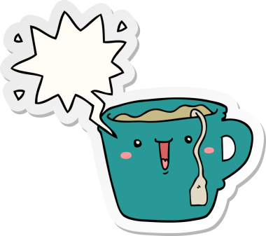 Bir insan tarafından çizilmiş baloncuk çıkartmalı şirin çizgi film kahve fincanı.