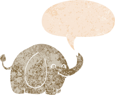 grunge 'da konuşma baloncuğu olan karikatür fili bir insan tarafından çizilmiş dertli retro tarzı.